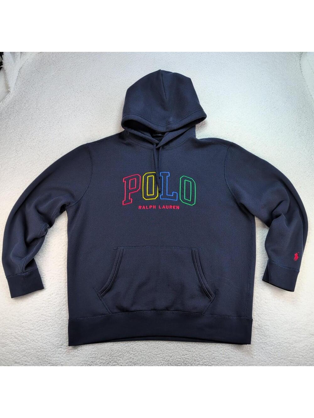 Polo Ralph Lauren Hoodie Mens XL Spell Out Logo Fleece Navy Blue